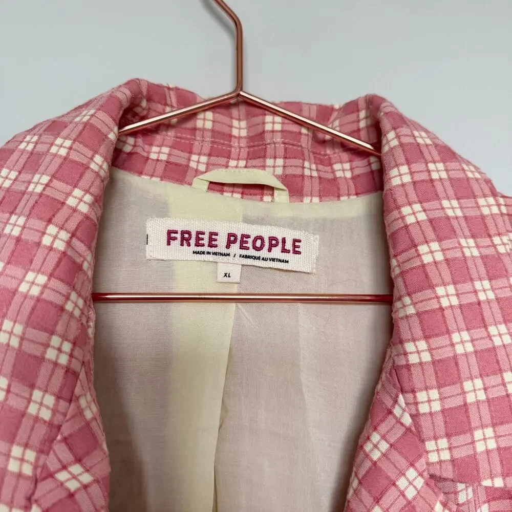 Free People Pink Plaid Double-Breasted Blazer Jacket - Picture 4 of 9